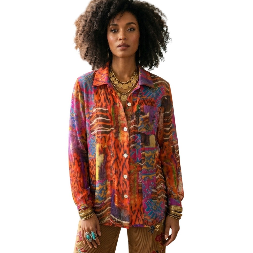 CHICO'S 100% Silk Sheer Blouse Mixed Print Patchwork Abstract Artsy Boho Medium